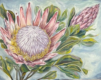 King Protea Flower Original Oil Painting on 18”x 24” Stretched Canvas