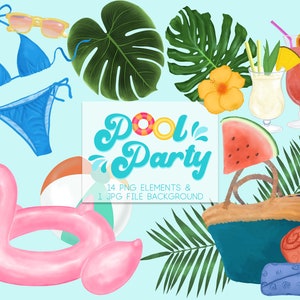 Summer Clipart, Pool Party Clipart, Swimming Clipart, Summer Party Clipart in PNG and JPG
