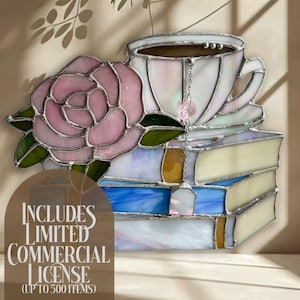 Tea (Coffee) and Book Stack Stained Glass Pattern. Beginner Stained Glass Pattern. PDF and PNG FILE. Digital Download.