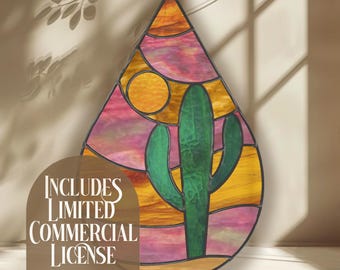 Desert Sunset Cactus Design in Tear Drop Shape Stained Glass Pattern: Beginner DIY (PDF & PNG files).