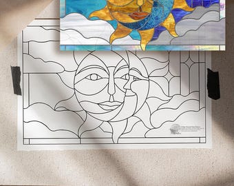 Eclipse Stained Glass Large Panel Pattern. Intermediate Stained Glass Pattern. Sun, Moon, Stars and Clouds. Large PDF FILE. Digital Download
