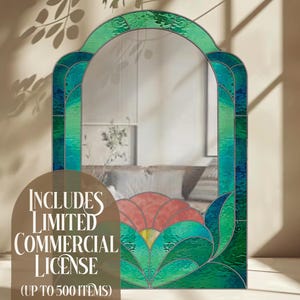 May include: A decorative mirror with a stained glass design. The mirror has a green and blue border with a floral design at the bottom. The text "INCLUDES LIMITED COMMERCIAL LICENSE (UP TO 500 ITEMS)" is visible.