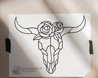 Floral Cow Skull Stained Glass Pattern (PDF FILE)