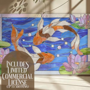 Diseño de vitral con peces koi: Panel de nenúfares, nivel intermedio (descarga digital)