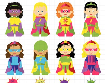 Girl Superhero Clip Art  Girl Power, Super Party Clipart. Limited Commercial use okay - Children's Wall Art