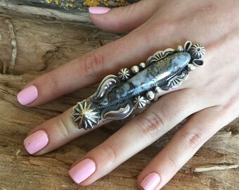 Marcasite in Agate ring, Sterling Silver,Big ring,Southwestern Style,Artisan Created, BohoChic Jewelry, size 8 1/4 (5095)