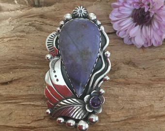 Burro Creek Jasper and Amethyst Statement Ring/ Artisan Handmade/ Sterling Silver/ Southwestern/ size 9