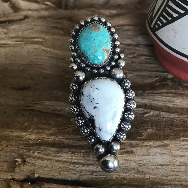 White Buffalo and Royston Turquoise ring~ Sterling Silver~ Artisan Handmade~ Southwestern Jewelry size 10