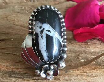 White Buffalo Turquoise Ring Artisan Jewelry Southwestern Jewelry OOAKStatement Ring Sterling Silver Size US 7