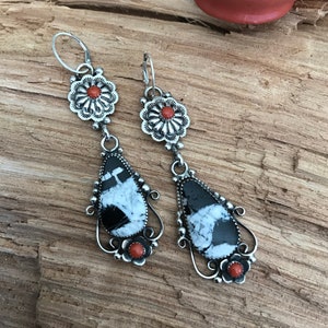White Buffalo and Red Coral Earrings~ Artisan Handmade~ Sterling Silver~ dangle earrings~ Southwestern Style (5199)