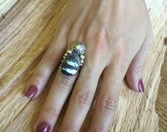 White Buffalo Turquoise Ring Artisan Jewelry Southwestern Jewelry OOAKStatement Ring Sterling Silver Size US 7