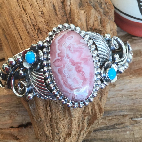 Bracelet de manchette rhodochrosite rose~ Artisan Handmade~ Sterling argent~ Bijoux du Sud-Ouest