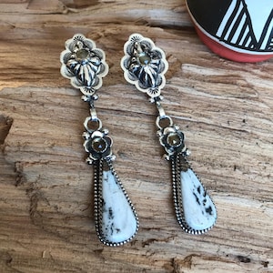 White Buffalo Turquoise and Golden Citrine earrings~ Artisan Handmade~Sterling Silver~Southwestern Style~ 3” long (5240)
