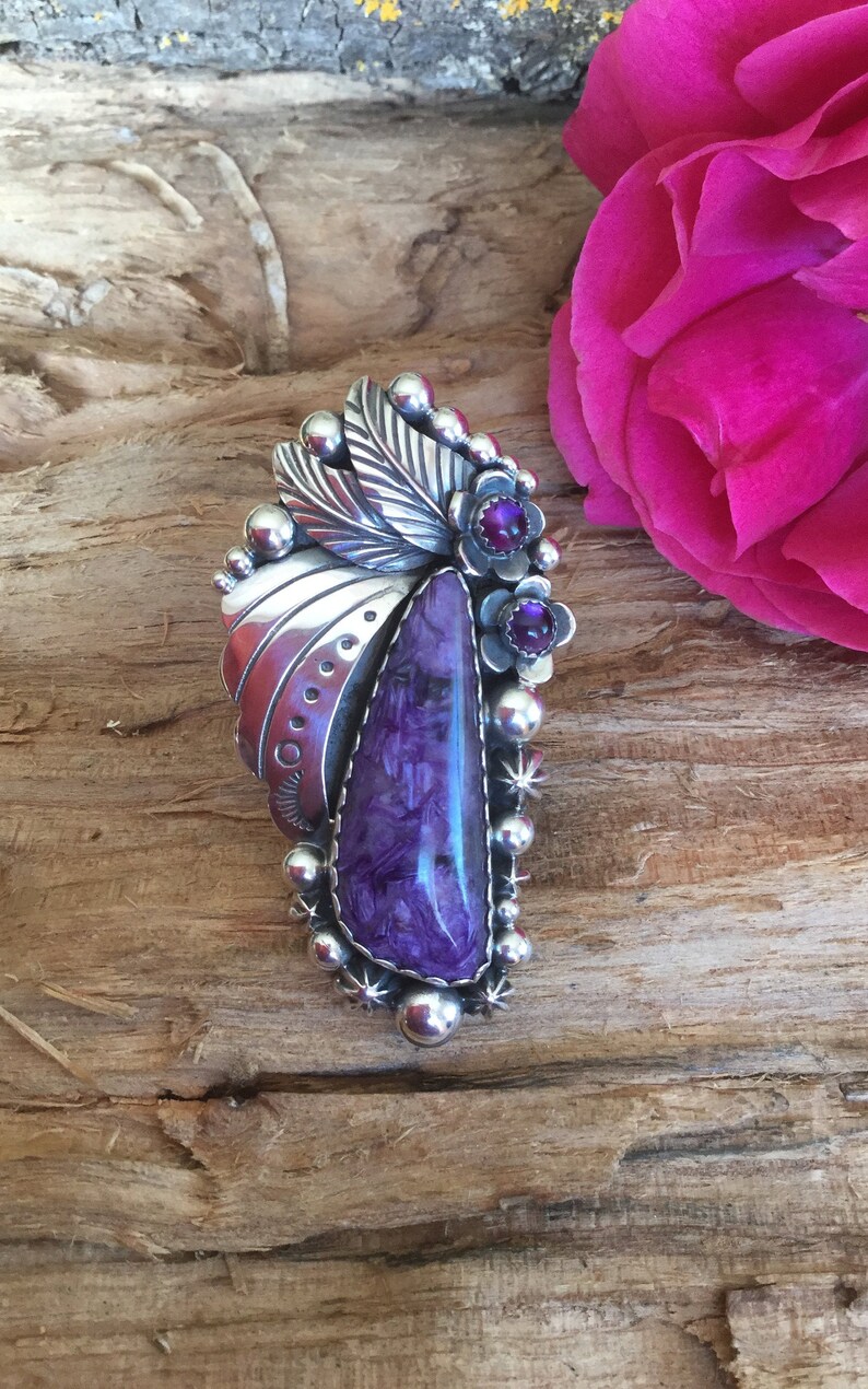 Charoite Artisan Handmade Ring with an Ameythst WildflowerBohoChic Jewelry SouthwesternSterling Silver size 7