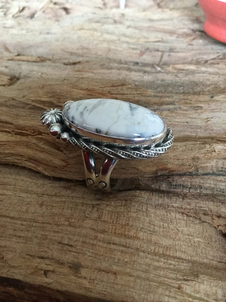 White Buffalo Turquoise Ring Artisan Jewelry Southwestern Jewelry OOAKStatement Ring Sterling Silver Size US 7