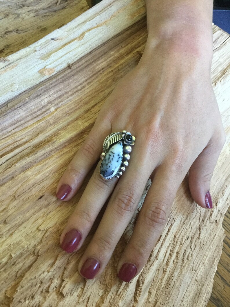 Artisan Handmade Sterling Silver size 7 Dendritic Opal Dendritic Agate Statement Ring with a Black onyx Wildflower