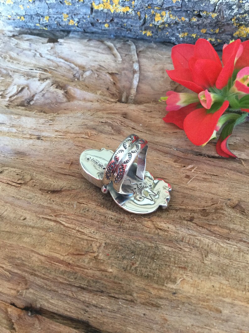 Artisan Handmade Sterling Silver size 7 Dendritic Opal Dendritic Agate Statement Ring with a Black onyx Wildflower