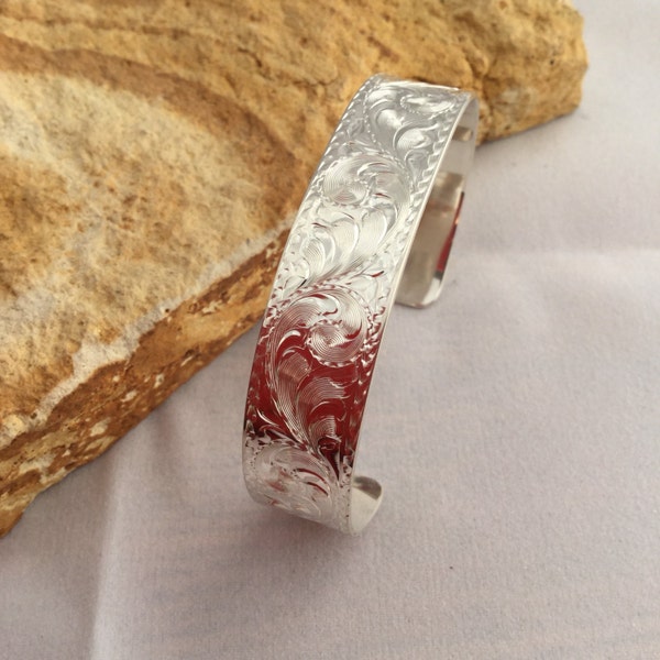 Engraved Sterling Silver Cuff Bracelet/ Artisan Handmade and Hand Engraved / 1/2" wide