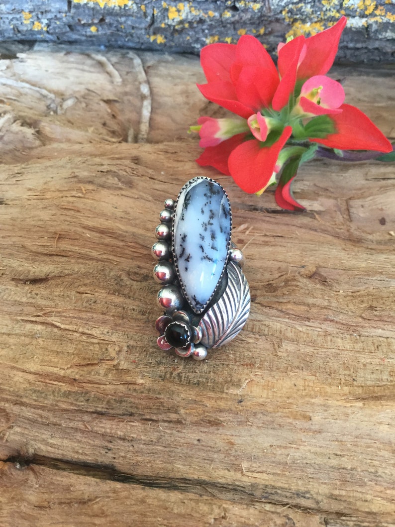 Artisan Handmade Sterling Silver size 7 Dendritic Opal Dendritic Agate Statement Ring with a Black onyx Wildflower
