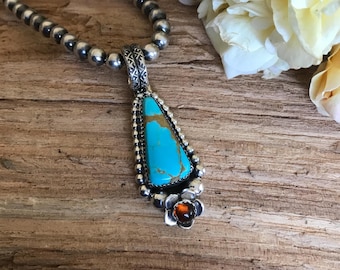 Kings Manassa Turquoise Pendant~ Sterling Silver~ Artisan Handmade with an Amber Wildflower (5231)