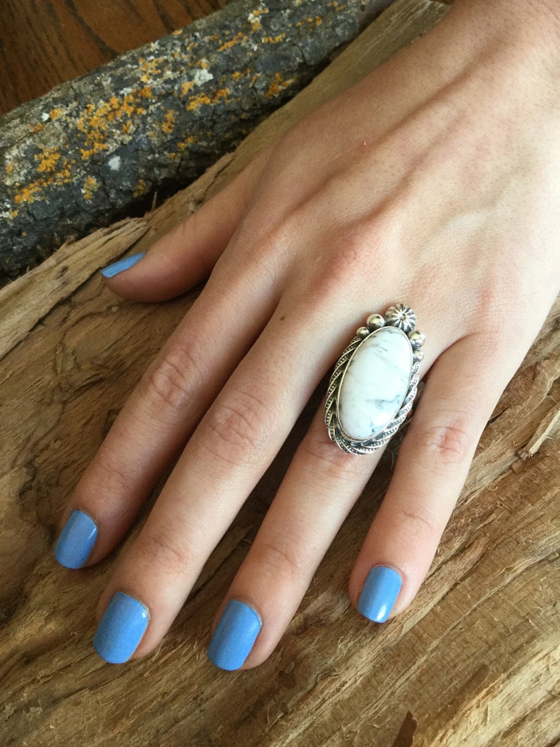 White Buffalo Turquoise Ring Artisan Jewelry Southwestern Jewelry OOAKStatement Ring Sterling Silver Size US 7
