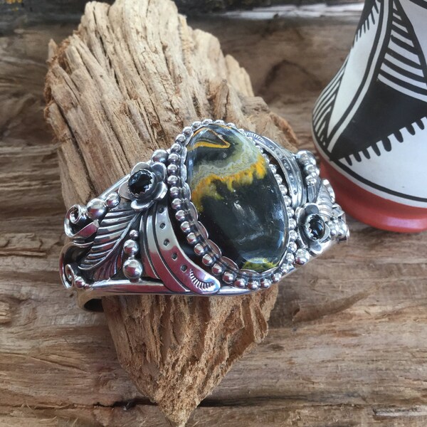Bumble Bee Jasper with Black Onyx wildflowers~ Artisan handmade cuff bracelet~ Sterling silver~ Southwestern Style