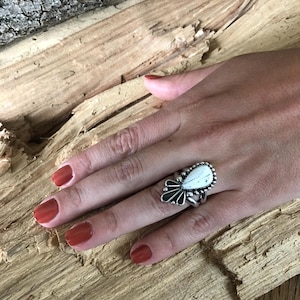 TAIL of The THUNDERBIRD~ size 7~  Sacred White Buffalo Turquoise Ring, Hand Wrought, Southwestern Style, Sterling silver ring (5020)