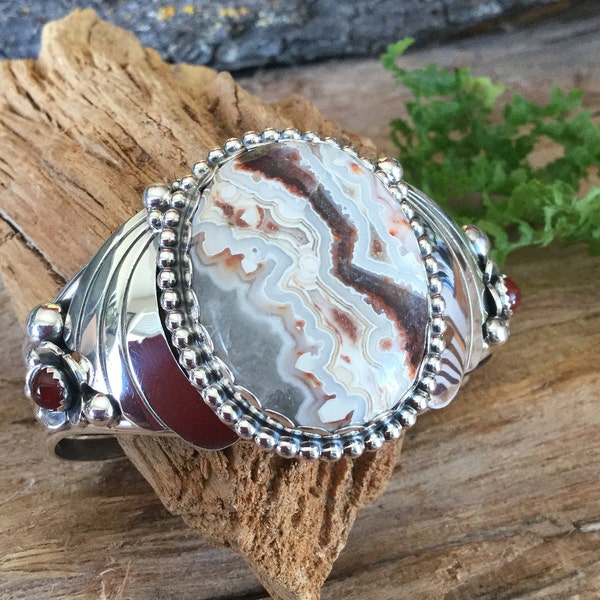 Laguna Lace Agate Cuff Bracelet, Artisan Handmade Cuff Bracelet with Carnelian wildflowers, Sterling Silver Southwestern style