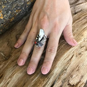 White Buffalo turquoise ring with a Red Coral WildFlower~ Sterling Silver~ size 7 1/2~ Artisan Handmade Southwestern Jewelry (5025)