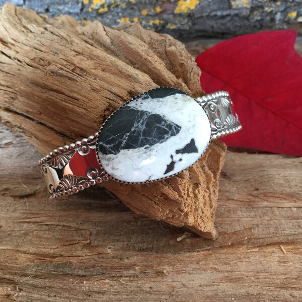 White Buffalo Turquoise Stacker Cuff, Artisan Handmade,  Sterling silver, BohoChic