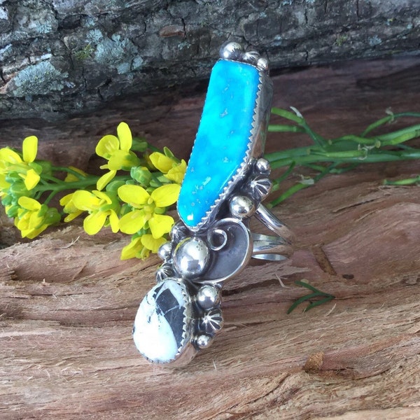 Turquoise Blue Gem & White Buffalo Statement  Ring/artisan / Boho Chic/ Sterling Silver / Size 8