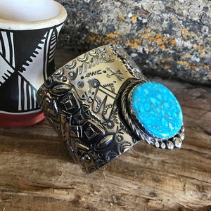 SPIRIT PONY, Stamped and Repousse Horse Wide Cuff Bracelet~ High Grade Kingman Turquoise~ Sterling Silver~ Handmade~ Southwestern (5294)