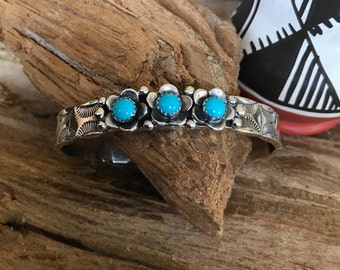 SMALL WRIST~ Sterling Silver Wildflower Cuff Bracelet with Turquoise ~ Artisan Handmade~ Southwestern Style~ Stacker Cuff