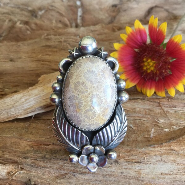 Fossil Coral Ring/ Sterling Silver/ Artisan Handmade/ Native American Style/ Southwestern Style/ size 7