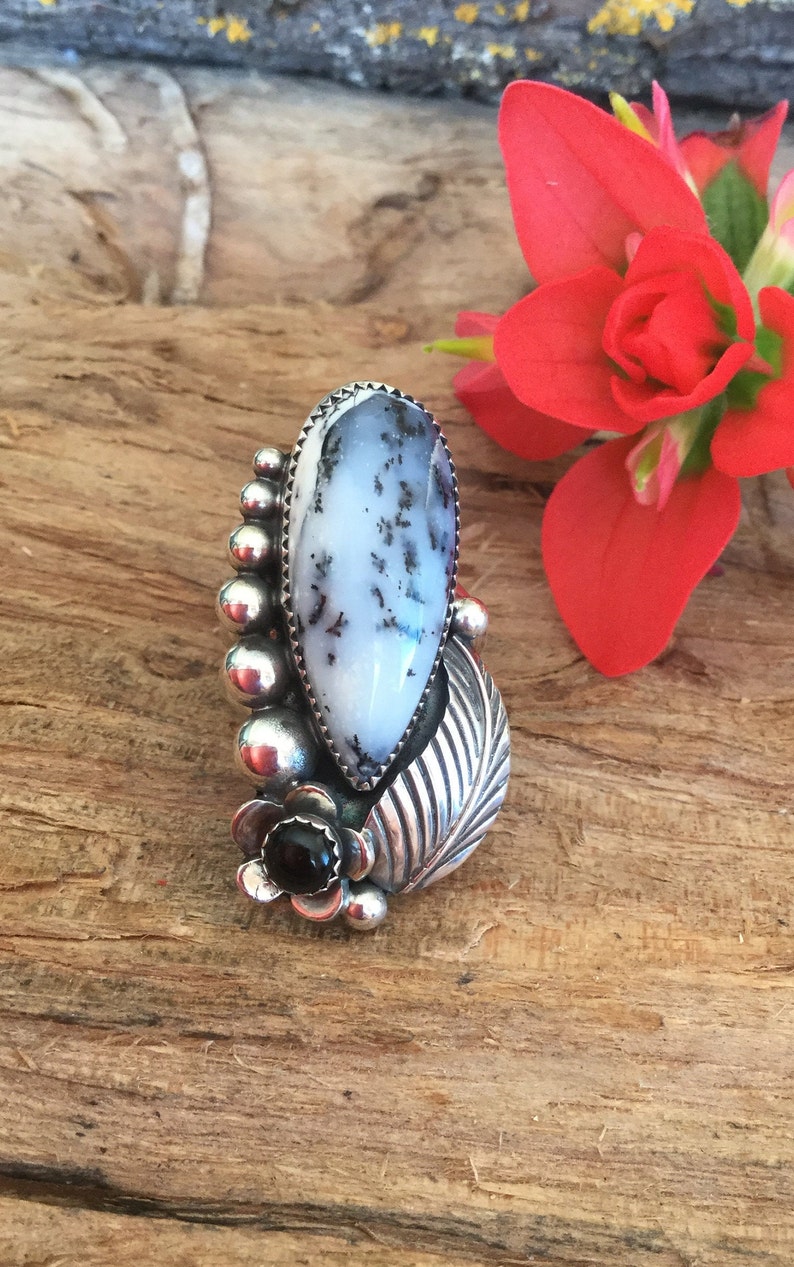 Artisan Handmade Sterling Silver size 7 Dendritic Opal Dendritic Agate Statement Ring with a Black onyx Wildflower