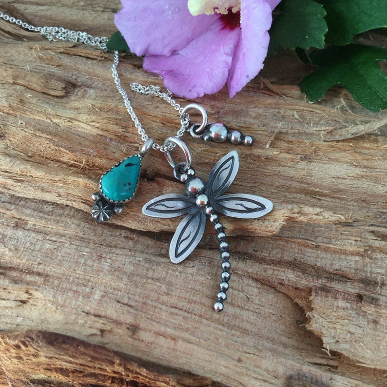 Charm Necklace turquoise and DragonflyArtisan handmade BohoChic Southwestern Stering silver