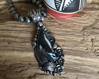 Iron Buffalo Pendant with Citrine Wildflowers~ Artisan Handmade~ Sterling Silver~ Southwestern Style (5183)