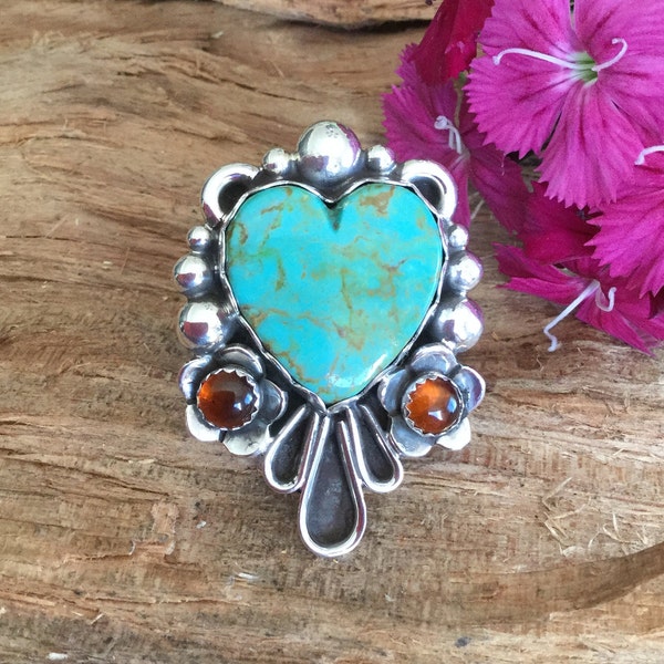 Green Kingman Turquoise Heart Statement ring/ Sterling silver/ Artisan Handmade / Size 7.25