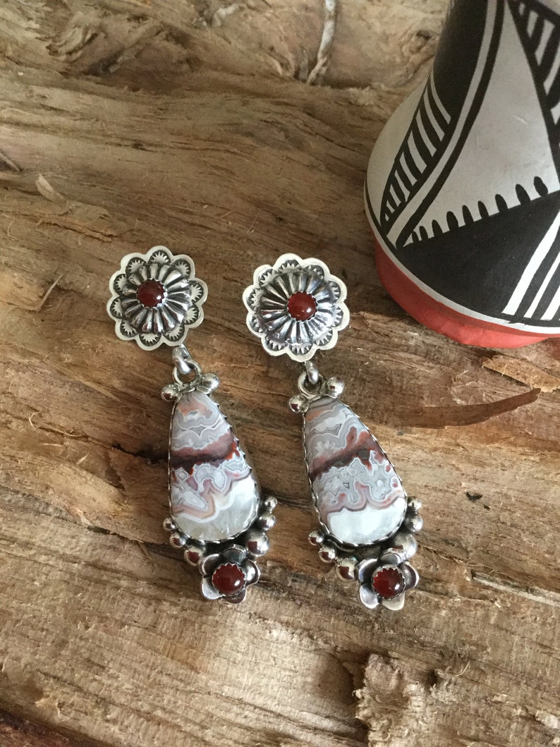 Laguna Agate EarringsArtisan Handmade Sterling Silver Carnelian Wildflowers