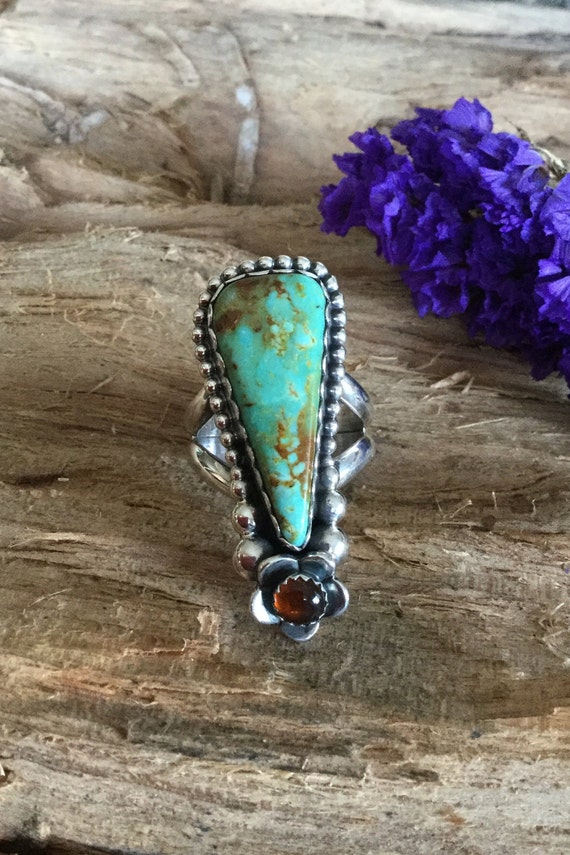Royston Turquoise ring with an Amber Wildflower/ artisan handmade/ Sterling Silver/Southwestern Jewelry/ size 8