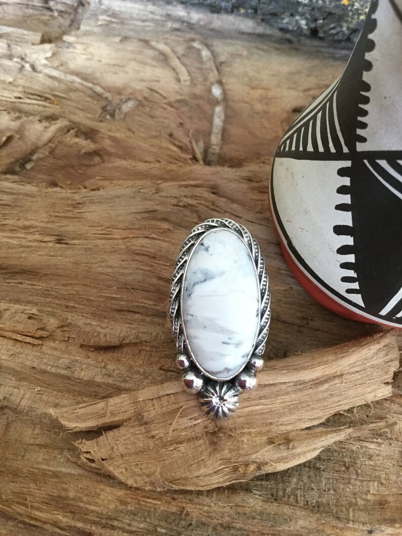 White Buffalo Turquoise Ring Artisan Jewelry Southwestern Jewelry OOAKStatement Ring Sterling Silver Size US 7