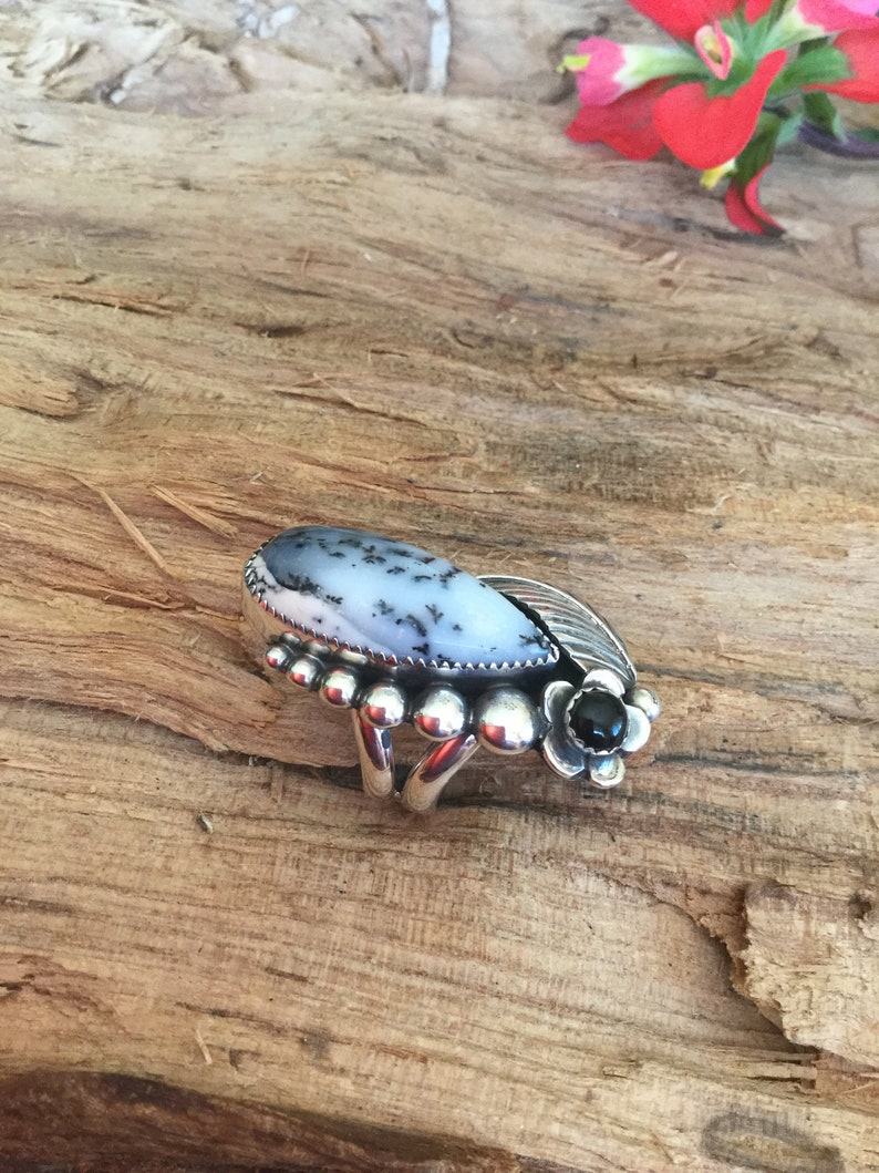 Artisan Handmade Sterling Silver size 7 Dendritic Opal Dendritic Agate Statement Ring with a Black onyx Wildflower