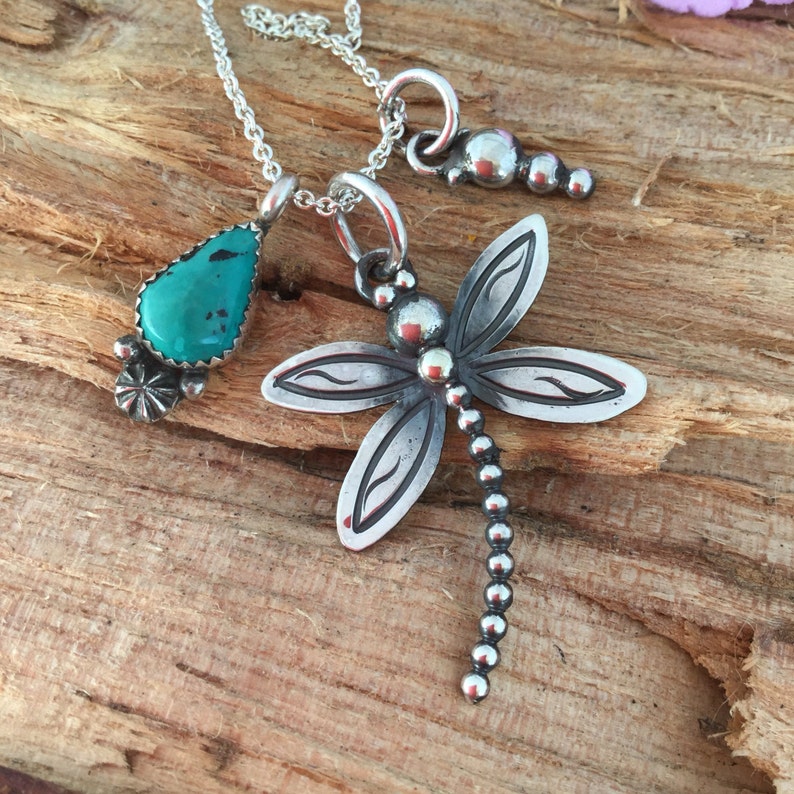 Charm Necklace turquoise and DragonflyArtisan handmade BohoChic Southwestern Stering silver