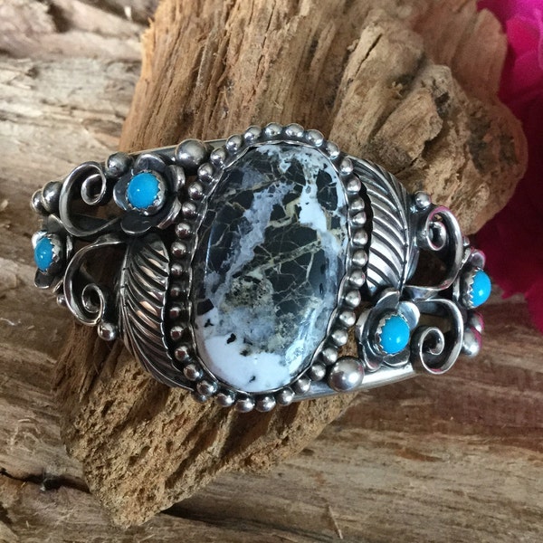 White Buffalo Turquoise Bracelet with Sleeping Beauty Turquoise wildflowers/Sterling Silver Cuff Bracelet/Southwestern Native American Style