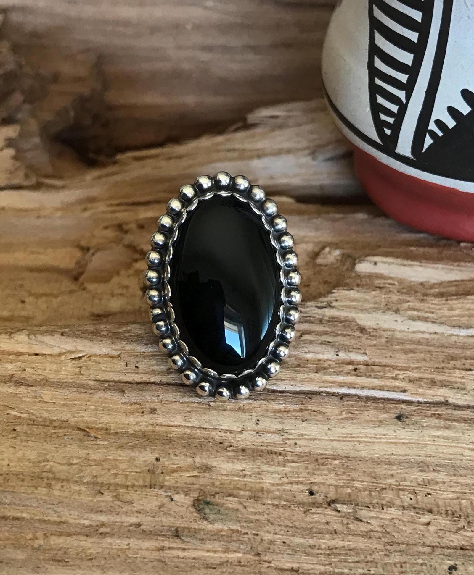 Black Onyx Sterling Silver Ring~ BohoChic Jewelry~ Artisan silver handmade~ southwestern Jewelry~ size 9 1/2 (5091)