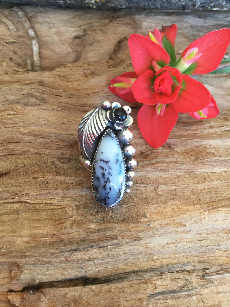 Artisan Handmade Sterling Silver size 7 Dendritic Opal Dendritic Agate Statement Ring with a Black onyx Wildflower
