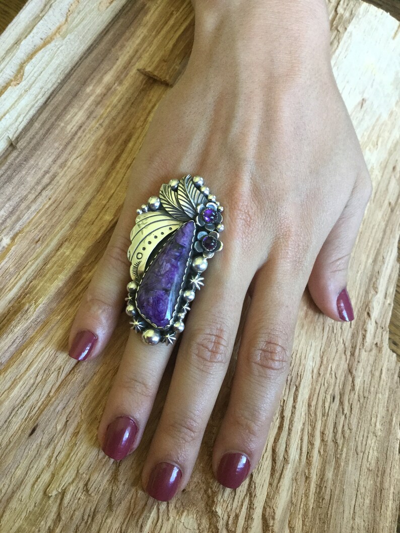 Charoite Artisan Handmade Ring with an Ameythst WildflowerBohoChic Jewelry SouthwesternSterling Silver size 7