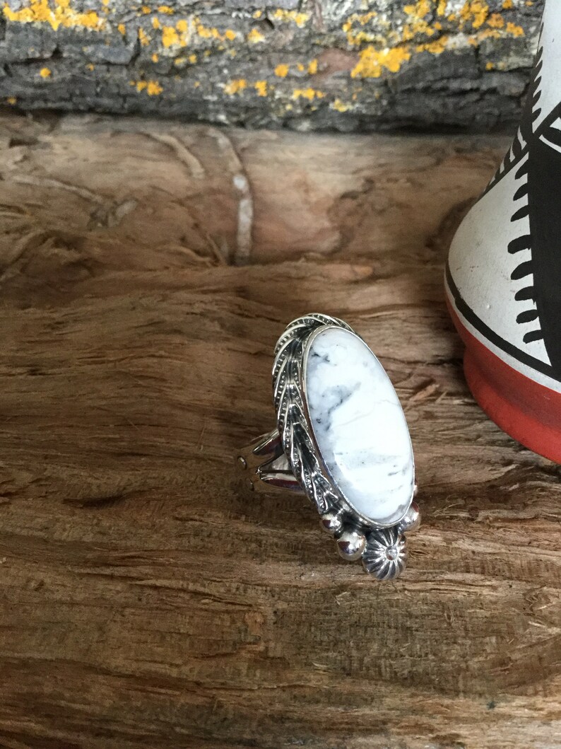 White Buffalo Turquoise Ring Artisan Jewelry Southwestern Jewelry OOAKStatement Ring Sterling Silver Size US 7