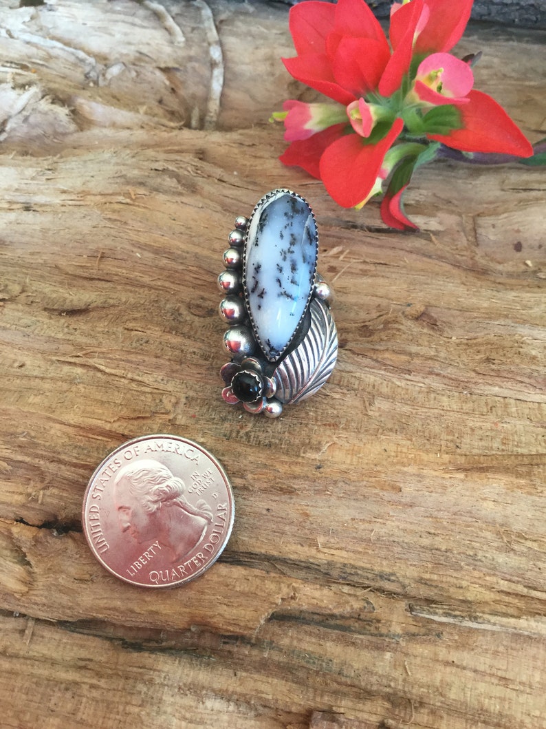 Artisan Handmade Sterling Silver size 7 Dendritic Opal Dendritic Agate Statement Ring with a Black onyx Wildflower