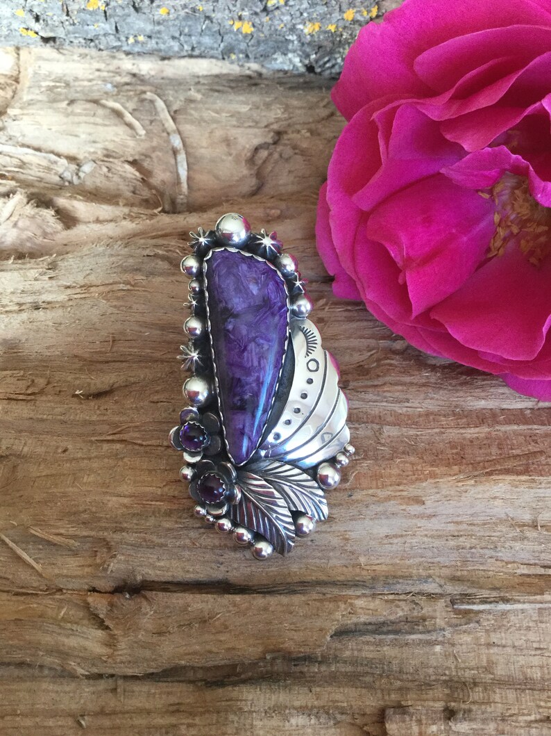 Charoite Artisan Handmade Ring with an Ameythst WildflowerBohoChic Jewelry SouthwesternSterling Silver size 7